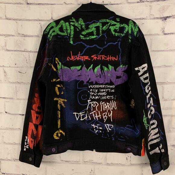 Mac Keen Destroy ADULTS ONLY Graffiti Men's Denim Jacket Size X-Large - Picture 2 of 9